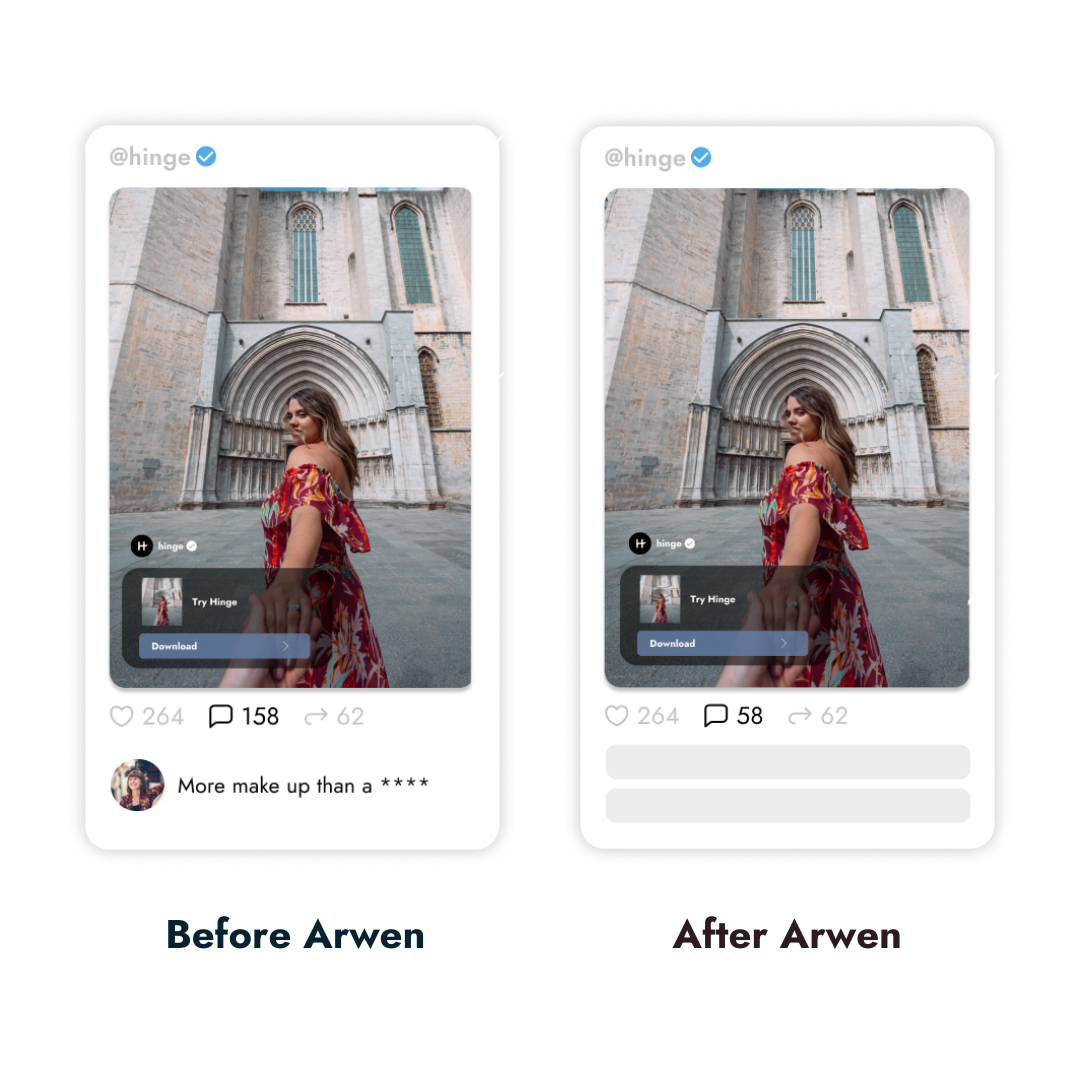 A visual comparison of Hinge's social media ads, highlighting improvements after using Arwen AI moderation.